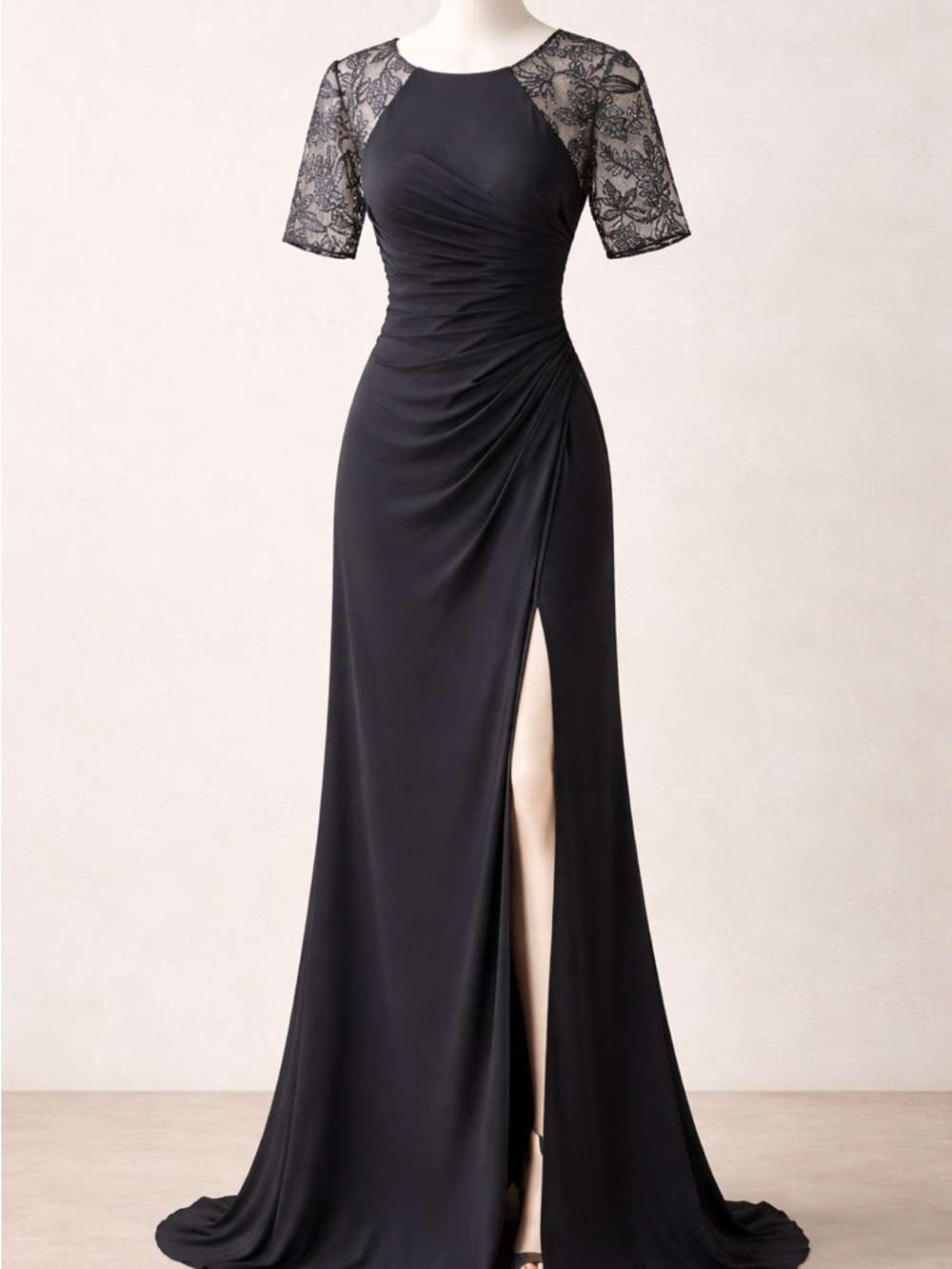 JJs House Black Lace-Sleeve Ruched Evening Gown with Side Slit